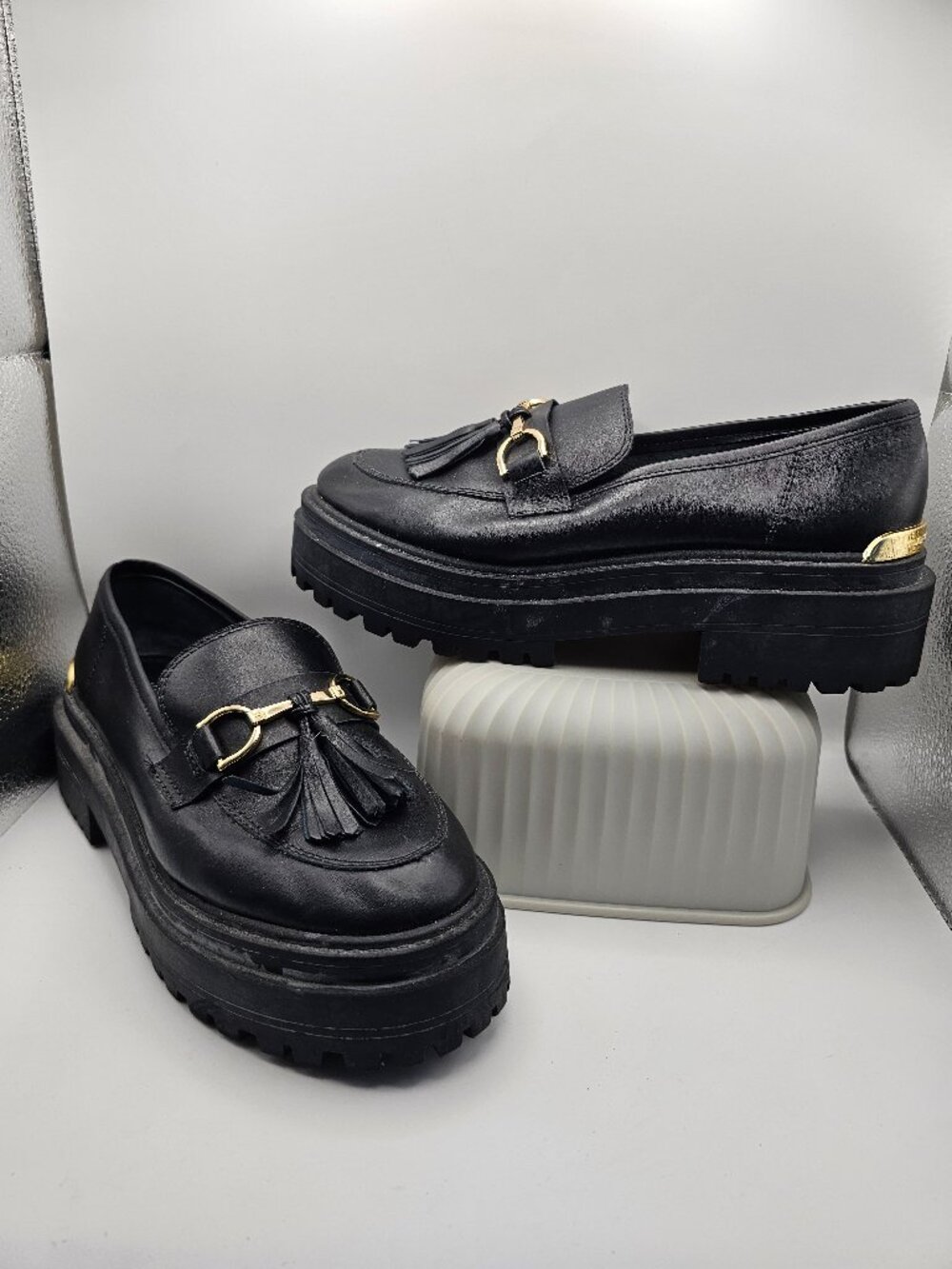 Jorge Bischoff Black Leather Chunky Sole Tassel Loafers – Size 7